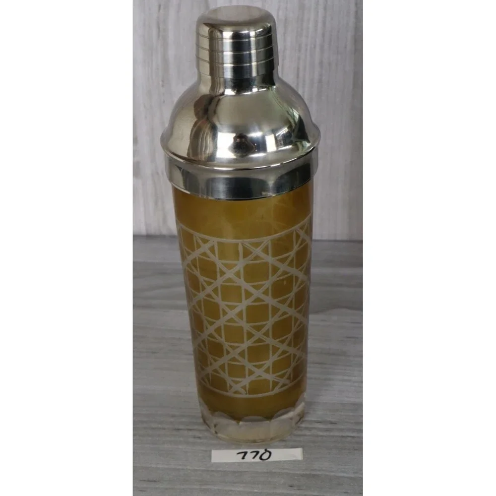 Vintage Glass MCM Barware Cocktail Shaker 3pc Set Amber Geometric Pattern Madmen
